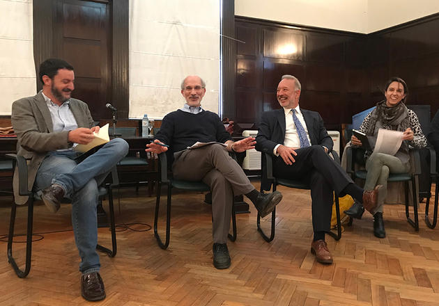 Panelists at a SELA event at the University of Buenos Aires: Alejandro Madrazo LL.M.'03, J.S.D'06; Paul Kahn '80, Robert W. Winner Professor of Law and the Humanities and Director of the Schell Center for International Human Rights; Martin Böhmer LL.M. '90, J.S.D'12; and Celeste Braga Beatove.