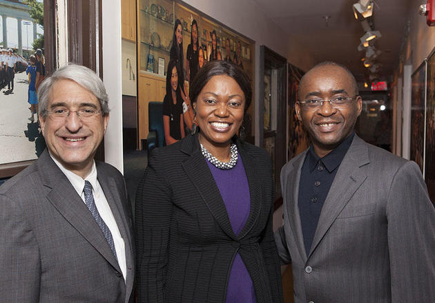 Yale President Peter Salovey (left) with Strive and Tsitsi Masiyiwa, Zimbabwean-born philanthropists and co-founders of Higherlife Foundation.